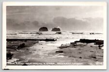 RPPC Twin Rocks Weathering A Storm Rockaway Oregon Real Photo Postcard V24 picture