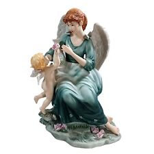 Vtg Victorian Angel Flying Baby Cherub Giving Flowers Statue Figurine Green Gown picture