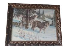 Vtg Remington Timber Wolf Wolves Beecham Wood Glass Framed Wall Art Cabin Decor  picture