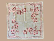 Handmade Cross Stitch Red Leaves w/ Border Linen Tablecloth Shabby French 32x33 picture