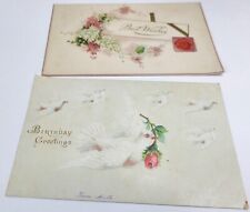 2 Antique Birthday Greetings Postcards Doves Lilacs picture