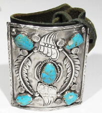 HUGE OLD 1950 SIGNED Hugo Navajo Kingman Turquoise 925 Silver Bow Guard Bracelet picture
