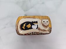 Vintage Brass Cat Enamel Trinket Box Jewelry Smiling Cats Calico  picture