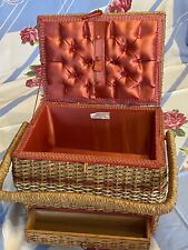 ANTIQUE WICKER SEWING BASKET WITH RED SILK LINING picture