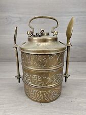 Tiffin Carrier Brass Indian Vintage Lunch Box  w/ Fork and Spoon picture