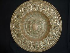 19TH CENTURY BRASS 37CM CHARGER WITH FLEUR DE LYS STYLE BORDER- ARMORIAL SHIELD picture