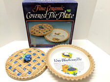 Vintage Blueberry Pie Plate~ Glazed Ceramic Lided Dish with recipe picture