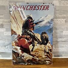 Winchester Gun Sign Weathered Logo Cowboy And Bear Garage Sign, Metal Tin picture