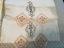T101🌟GORGEOUS Vintage Handmade “His & Hers” Pillowcases Crochet Flowers Lace picture