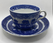 ANTIQUE 1832 WILLOW ENGLAND BLUE PORCELAIN TEA CUP AND SAUCER SET  picture
