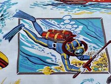 OCEANIC Adventures of the 1950's 60's SCUBA SURFER Barkcloth Era Vintage Fabric picture
