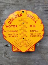 VINTAGE GOLDEN SHELL PORCELAIN SIGN GAS & MOTOR OIL OLD THEMOMETER PLATE BACKER picture
