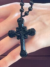 Onyx Gem Handcarved Cross Rosary Police Firefighter Military Cross  gift for men picture
