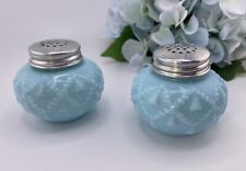 Vintage Turquoise Blue Salt & Pepper Shakers Metal Lids Opaque Baby Blue Glass picture