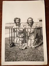 VTG 1940s Snapshot Photo Two Pretty Women Trapped In Baby Playpen Humor Weird picture