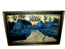 ART DECO NEEDLEPOINT TAPESTRY LONG STITCH FRAMED 1920s COTTAGES LANDSCAPE BLUES picture