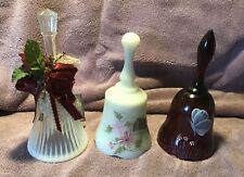 3 Fenton bells Sheffield ribbed opal Satin glass w. music box butterfly amethyst picture