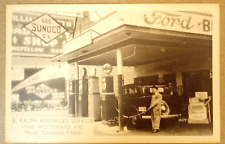 1930s Or 40's Sunoco Gas Service Station Detroit Mi. Advertising Postcard Signs picture