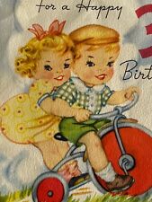 Vtg MCM 1940’s HA Co Third Birthday Due Cut Pop Up Card Boy Girl Riding Tricycle picture