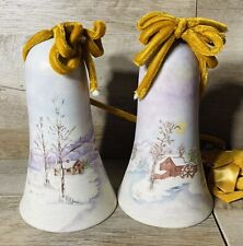 Vintage Ceramic Wind Bells Hand Painted Snow Scene Set Of 2 Signed picture