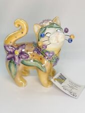 Rare Whimsiclay Amy Lacombe Smiling Brown Cat With Flowers Shiny Vintage Estate picture