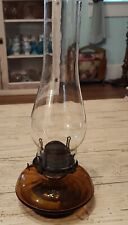 vintage amber glass oil lamp complete with Queen Anne burner and clear glass chi picture