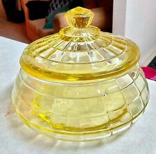 Vintage Anchor Hocking Yellow Depression Glass Block Optic Lided Jar Candy Dish  picture