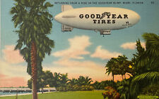 Goodyear Blimp over Miami Postcard -1940's Florida Vintage Linen PC - TIRES picture