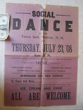 RARE H-U-G-E Antique 1908 HEBRON, NEW HAMPSHIRE Broadside, AD, Dance, Steamer picture