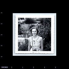 Vintage Square Photo WOMAN WEARING CAMERA 1959 picture