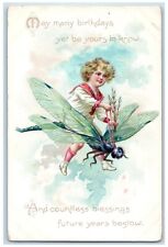 c1910's Birthday Boy Riding Dragonfly Tuck's Embossed Posted Antique Postcard picture