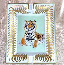 Vintage Hermes Ashtray Change Tray Rare Tiger Light Green Gold Rim Porcelain picture