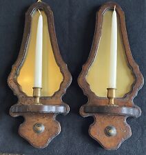 Vintage Rustic Wood & Brass Candlestick Sconces Made In Italy 17” Tall Beautiful picture