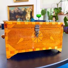 Vintage Antique Handmade Wood Box Lid Marquetry Jewelry Trinket Stash Locking picture