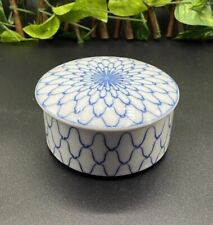 Vintage Asahi Japan Trinket Box Jewelry Dish Blue White Design Takahashi; 3 5/8” picture