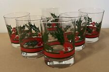 6 Vntg Libbey Christmas Holly & Berries Double Old Fashioned Glasses 14oz MCM picture