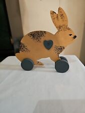 Vintage TOY BUNNY  RABBIT Heart Painted Wood On Roller Wheels picture