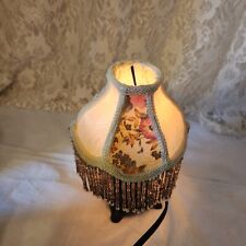 Vintage Mini Table Lamp With Beaded Fringe Floral Cloth Shade Metal Base Type C picture