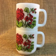 2 ~ Vintage Glasbake Red Geranium - Flower Poem, White Milkglass Coffee/Tea Mug picture