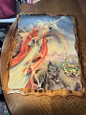 Lg RETRO 1970s/80s Mystical Wizard Unicorn Dragon Rainbow Wood Wall Art picture