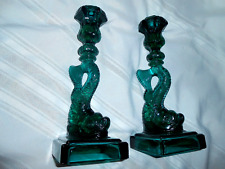Stunning PAIR Imperial MMA Koi Fish Glass Candlestick Holders Teal Green VINTAGE picture