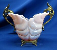 MILKY PINK & CLEAR HAND-BLOWN ART GLASS IN BRASS HOLDER VASE / BOWL picture