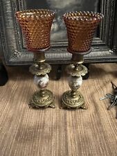 Antique Ormolu Brass Candle Holders Porcelain w/Courting Couple Victorian Style picture
