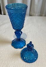 Vintage Blue Glass Urn With Lid Footed 1940’s Diamond Pattern Hollywood Regency picture