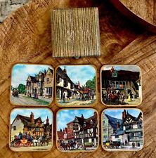Vintage Win-El-Ware Coaster Set Of 6 With Case England Made 1950s Village Scenes picture