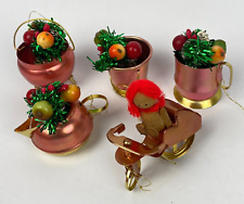 5 Vintage Brass & Copper Christmas Tree Ornaments Teapot Bike Kettle Bucket Mug picture