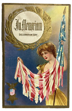 Decoration Day GAR Postcard Patriotic In Memoriam Lady Holds Tattered USA Flag picture