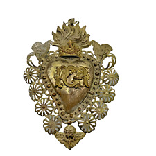 Antique Sacred Heart Ex Voto PGR Large Elaborate Metal Relief picture
