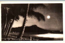 RPPC Postcard Hawaii Diamond Head Moonlight at Night Palm Trees HI CREASING picture