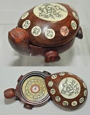 Vintage Carved Wood Turtle Opens to Compass with Inlaid Chinese Zodiac Signs  picture